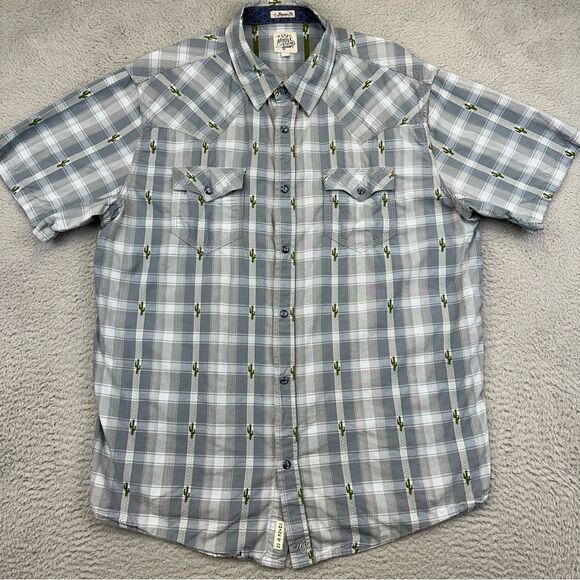 Moon Shine Pearl Snap Shirt Mens Large Blue Plaid Cactus Regular Fit Western - Picture 1 of 16